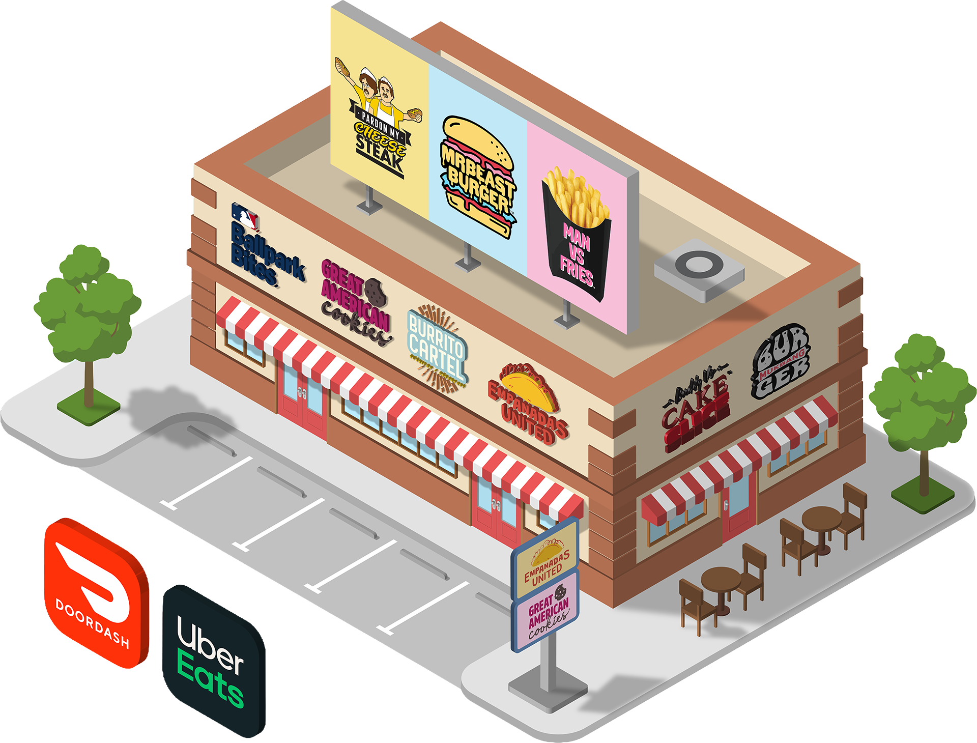 The exterior of a bodega with a sign for MrBeast Burger and floating logos for Uber Eats and Doordash.