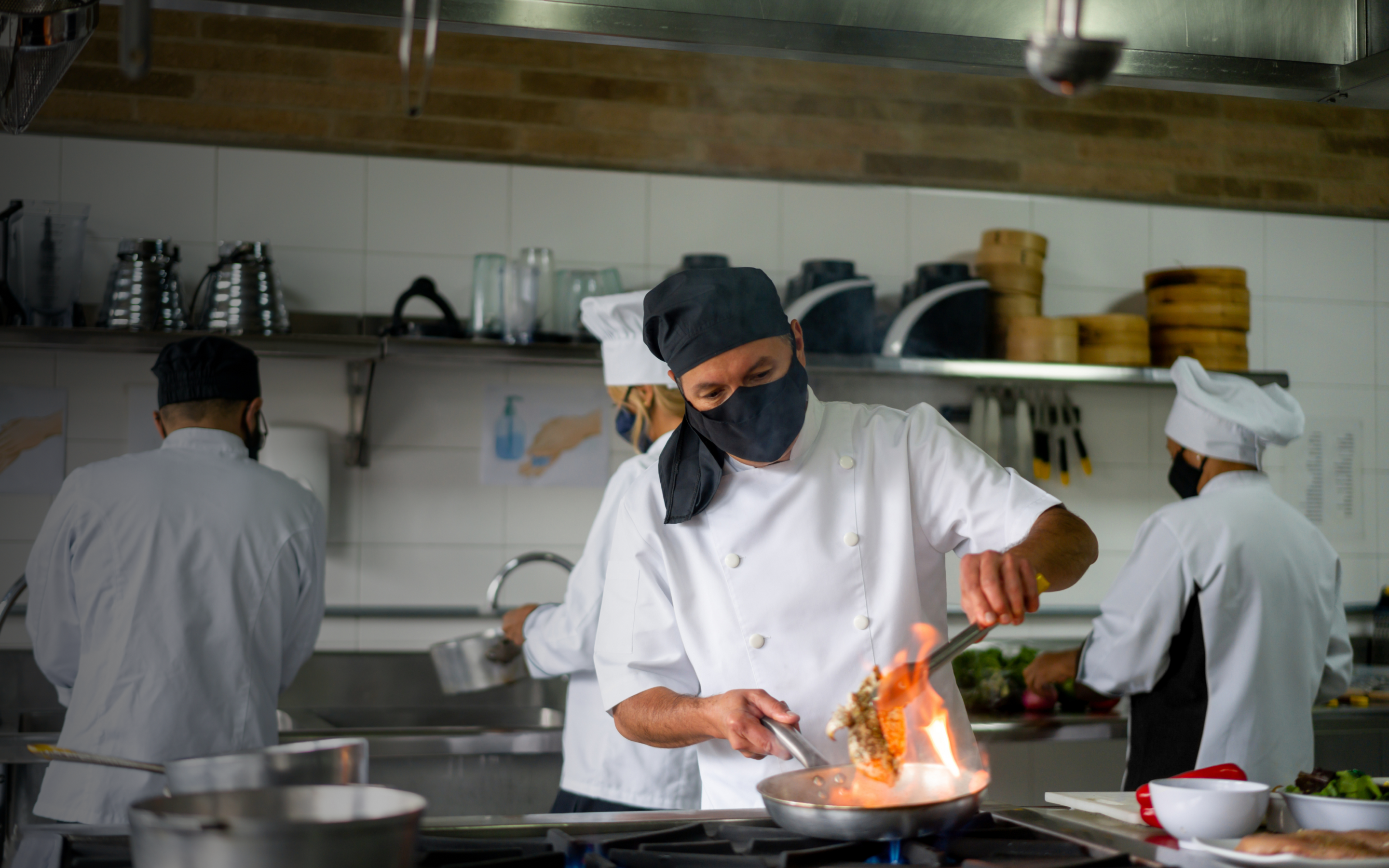 Four chefs making a delicous dish in a kitchen together.