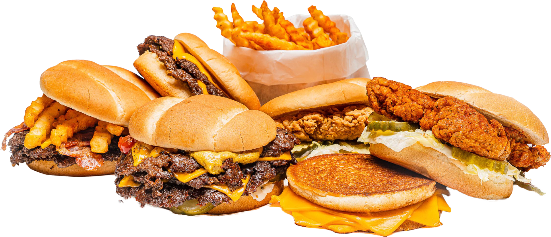 A pile of burgers, sandwiches, and fries from VDC brands