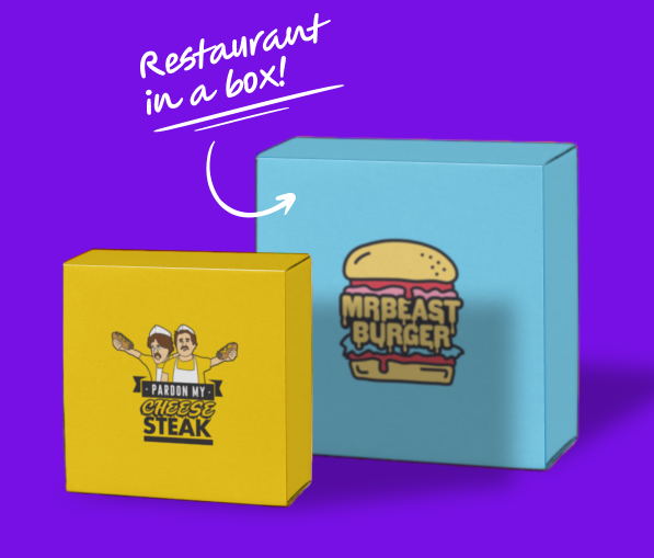 Boxes from MrBeast Burger and Pardon My Cheesesteak with VDC branding.